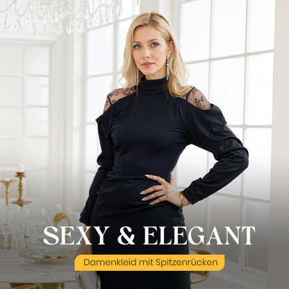 Damen elegantes Midikleid mit Stehkragen und Spitzen-Detail am Rücken