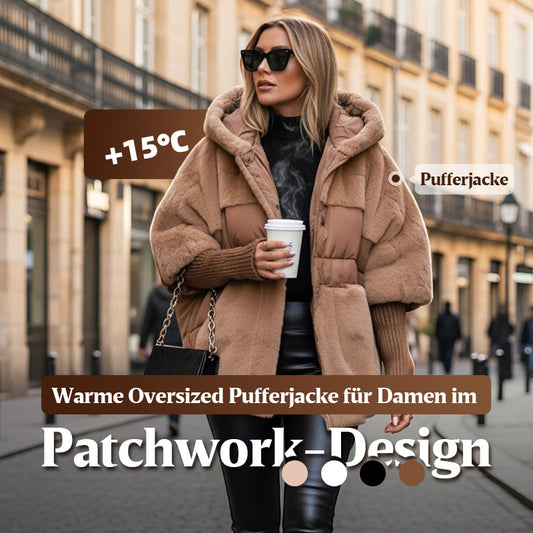 🔥Vorwärmung für den Winter – Riesige Rabatte🔥Damen Oversized Pufferjacke mit Kapuze im Patchwork-Design