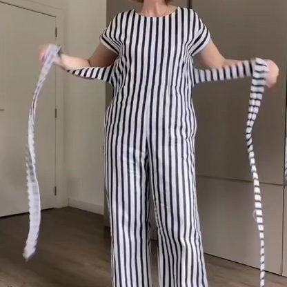 Damen-Kurzarm-Jumpsuit mit Streifenmuster, Schnürung und weitem Bein