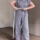 Damen-Kurzarm-Jumpsuit mit Streifenmuster, Schnürung und weitem Bein