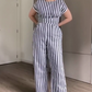 Damen-Kurzarm-Jumpsuit mit Streifenmuster, Schnürung und weitem Bein