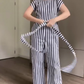 Damen-Kurzarm-Jumpsuit mit Streifenmuster, Schnürung und weitem Bein