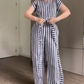 Damen-Kurzarm-Jumpsuit mit Streifenmuster, Schnürung und weitem Bein