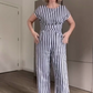 Damen-Kurzarm-Jumpsuit mit Streifenmuster, Schnürung und weitem Bein