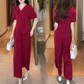 2-teiliges Set aus kurzärmligem Oberteil mit V-Ausschnitt und passender Hose mit weitem Bein für Damen