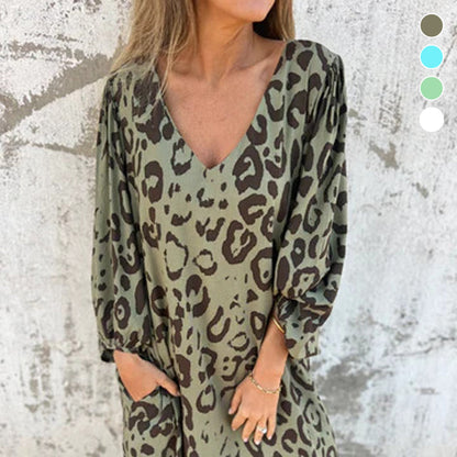 V-Ausschnitt fließendes Kleid mit Print und Taschen
