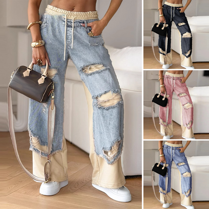 ✨Patchwork-Denim-Elastic-Hose: Weites Bein Design, Perfekt für Alltagsoutfits