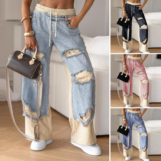 ✨Patchwork-Denim-Elastic-Hose: Weites Bein Design, Perfekt für Alltagsoutfits