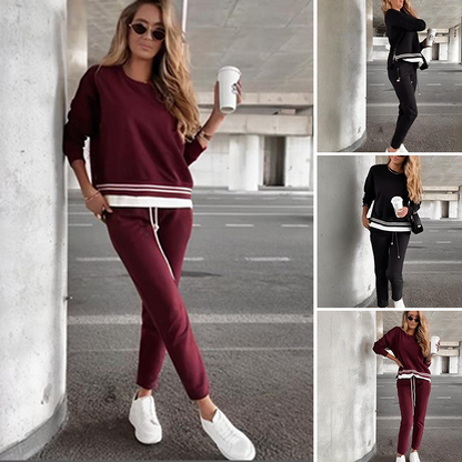 Color-Block Round Neck Sweatshirt & Drawstring Pants Set