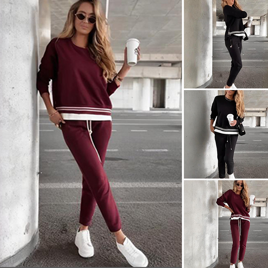 Color-Block Round Neck Sweatshirt & Drawstring Pants Set
