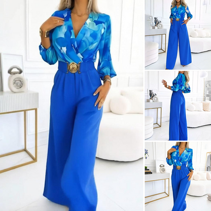 Damen-Jumpsuit mit V-Ausschnitt, Laternenärmeln & weiter Hose