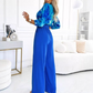 Damen-Jumpsuit mit V-Ausschnitt, Laternenärmeln & weiter Hose