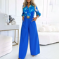 Damen-Jumpsuit mit V-Ausschnitt, Laternenärmeln & weiter Hose
