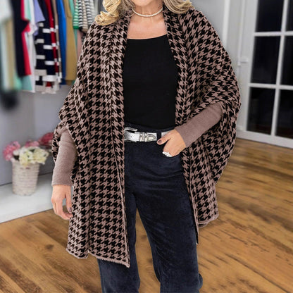 🎁Herbst 2025 Sale✨🖤Damen Poncho mit offener Vorderseite im Hahnentritt-Muster