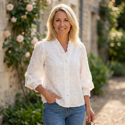 Damenbluse mit 3D-Blumen und Puffärmel