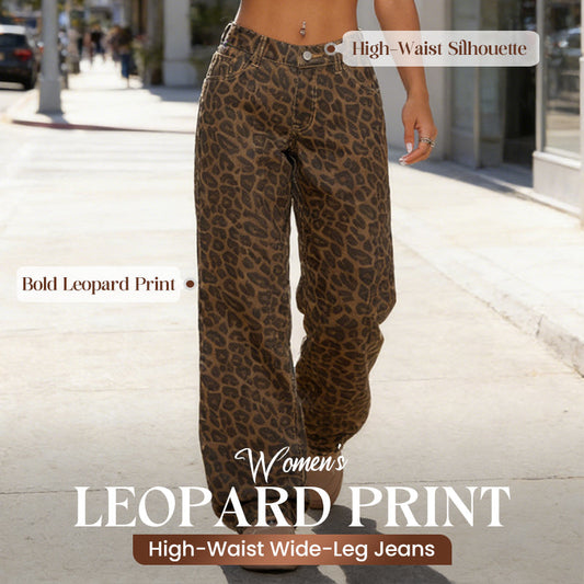 Damen-Jeans mit Leopardenmuster mit hoher Taille und weit been.