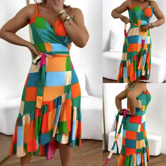 Damen Kleid mit farbenfrohem geometrischem Muster, Taillengürtel und Volantsaum